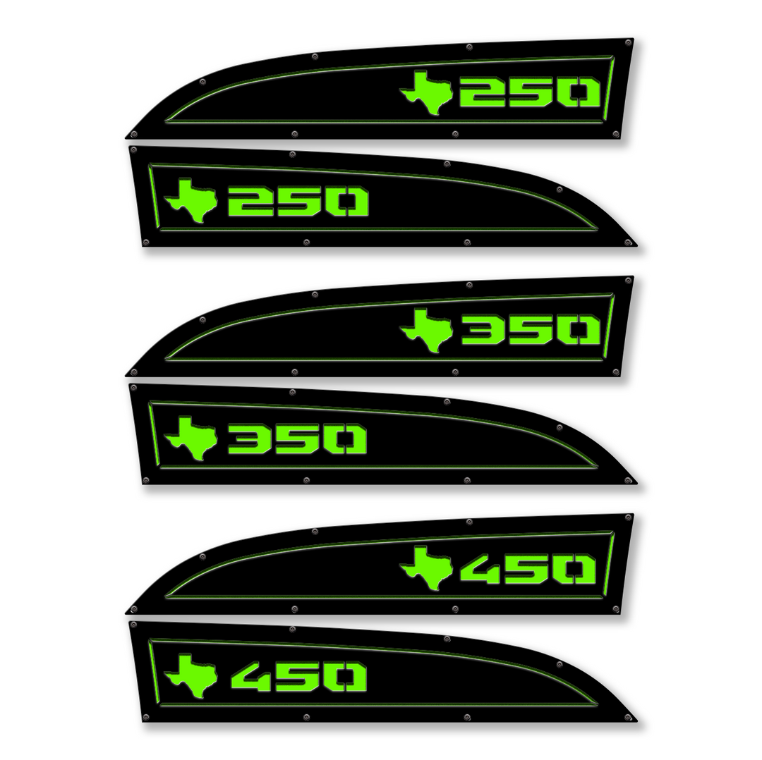 Texas 250, 350 or 450 11-16 Ford® Super Duty® Fender Badge Replacements - Fully Customizable, LED and Non-LED