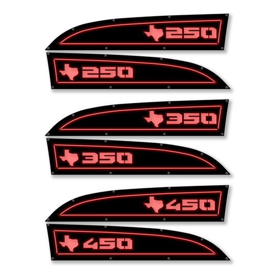 Texas 250, 350 or 450 11-16 Ford® Super Duty® Fender Badge Replacements - Fully Customizable, LED and Non-LED